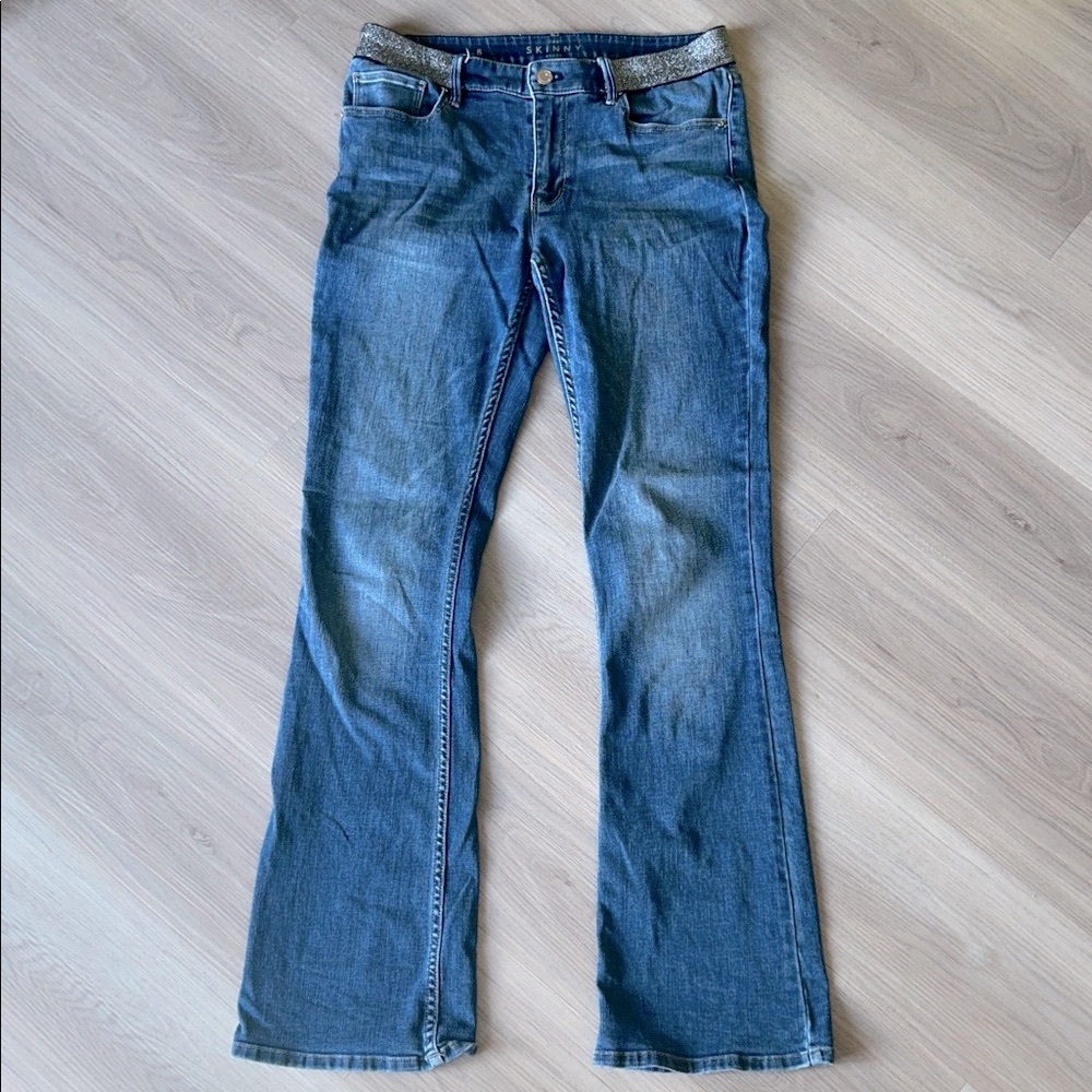WHBM The Skinny Flare Blue Jeans 8 Mid Rise Glitter Waist Glam Casual